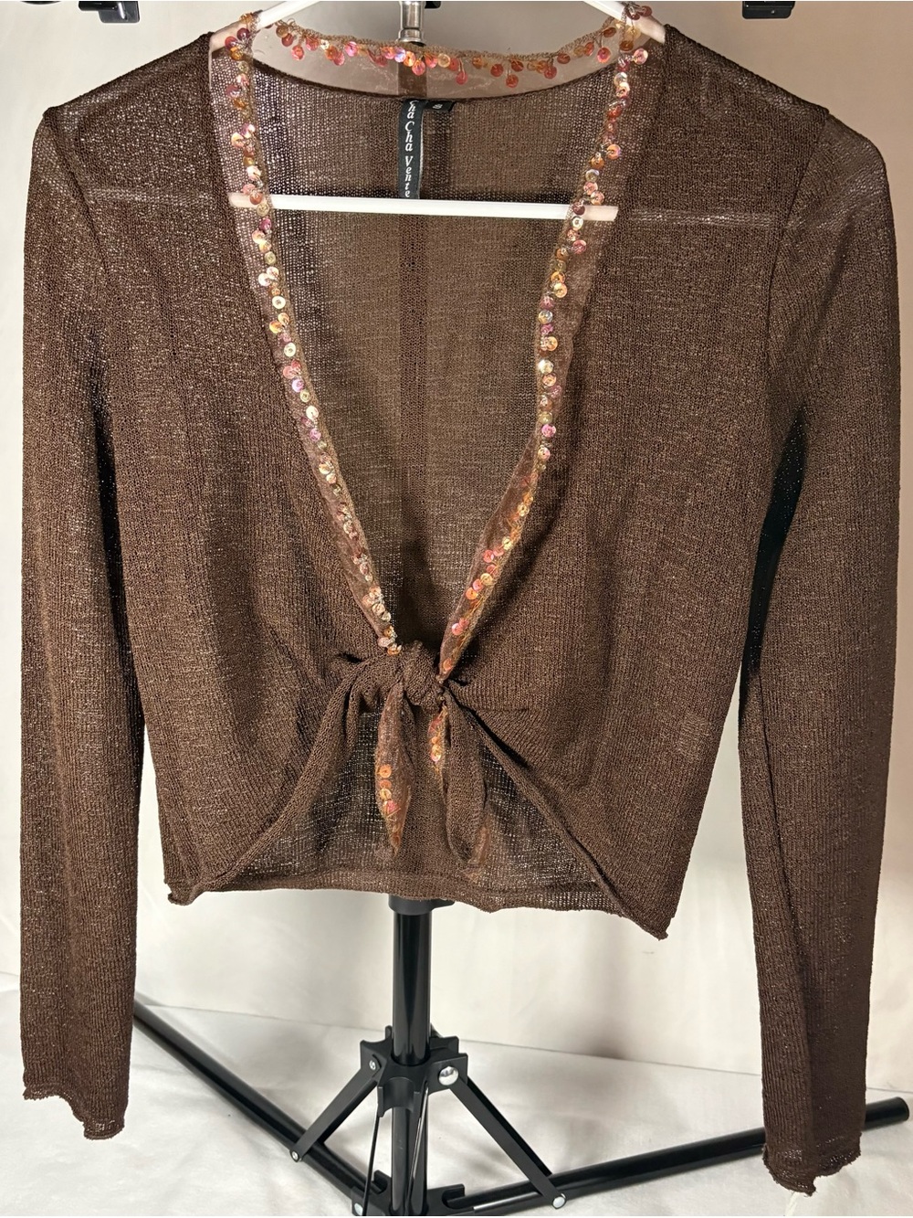 cha cha vente Brown Sheer Tie-Front Sequin Trim Top Small